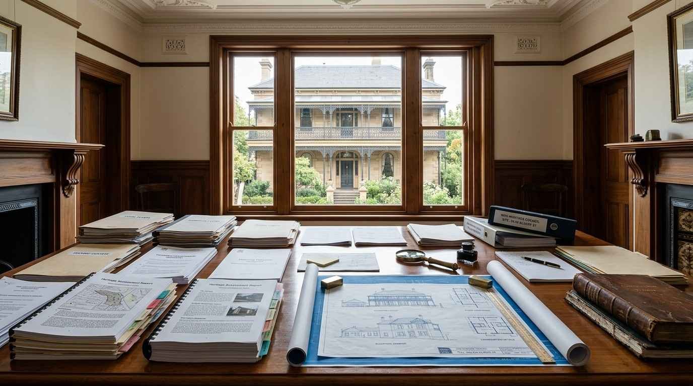 Heritage assessment documents and planning papers for reviewing a heritage-listed property in Sydney.