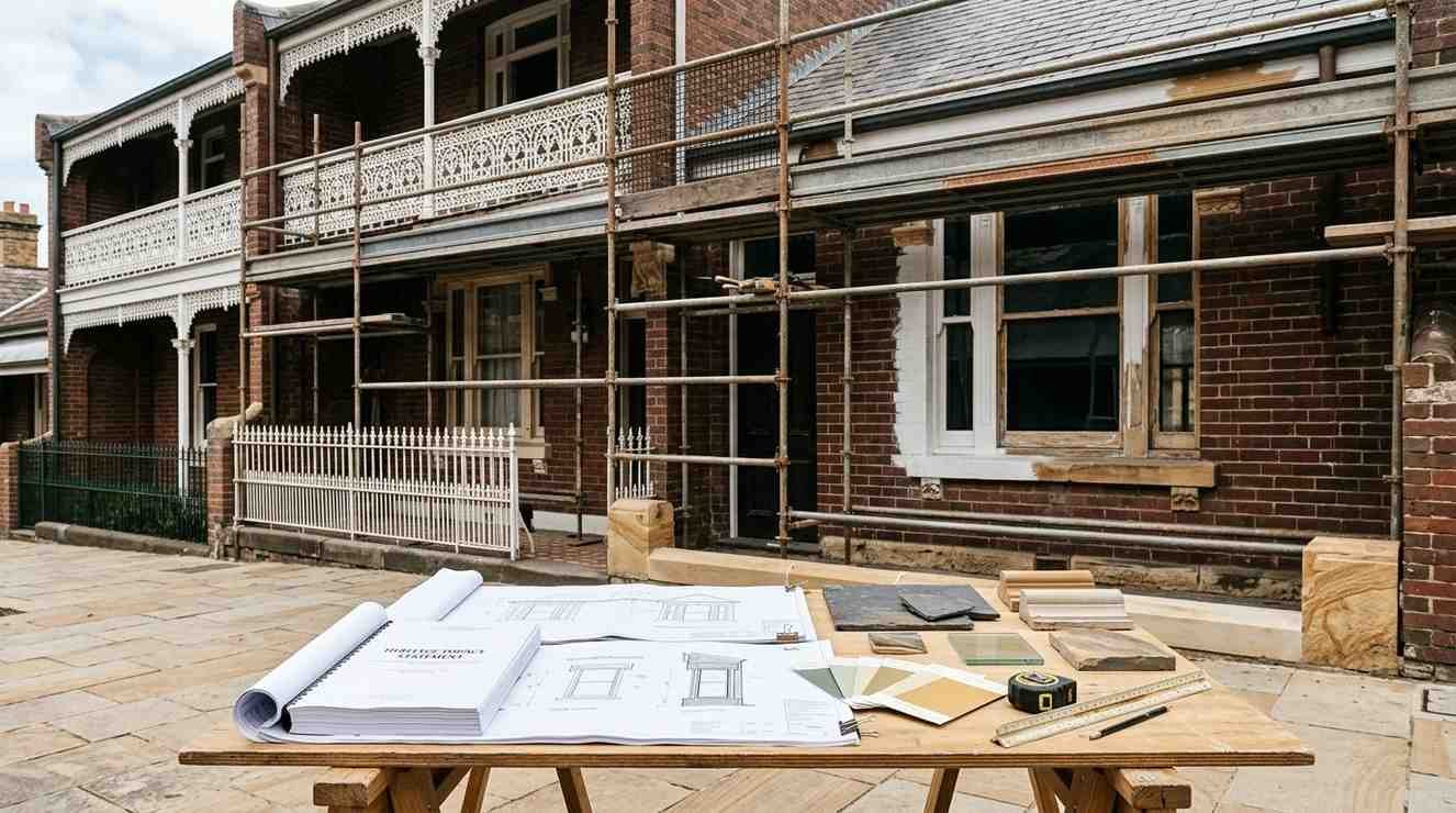 Heritage-listed terrace house undergoing restoration with scaffolding, original brick façade, decorative iron lacework, renovation plans, material samples, and architectural drawings, illustrating the careful planning, approvals, and conservation work required when renovating a heritage-listed property in Sydney.