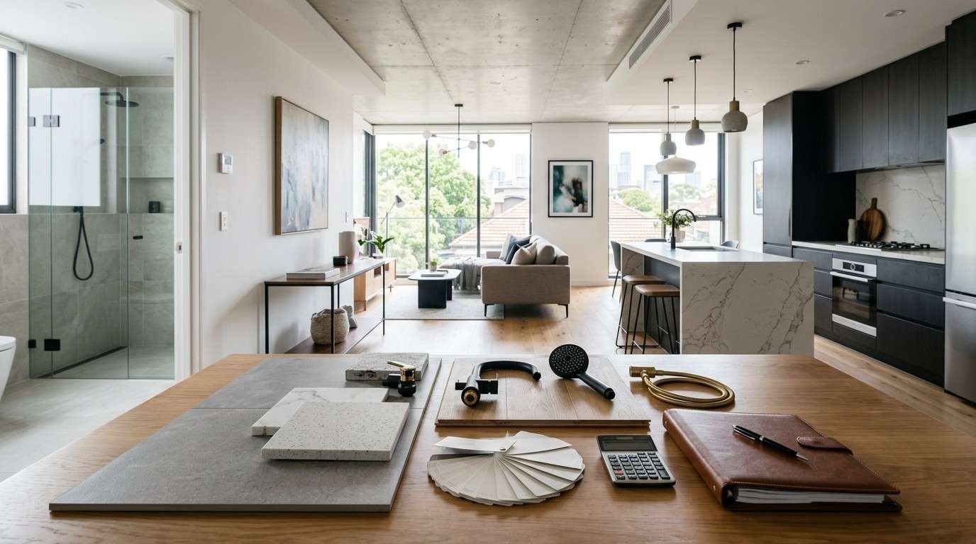 Sydney Airbnb renovation featuring premium finishes, material samples, and renovation planning for maximum guest appeal and return on investment.