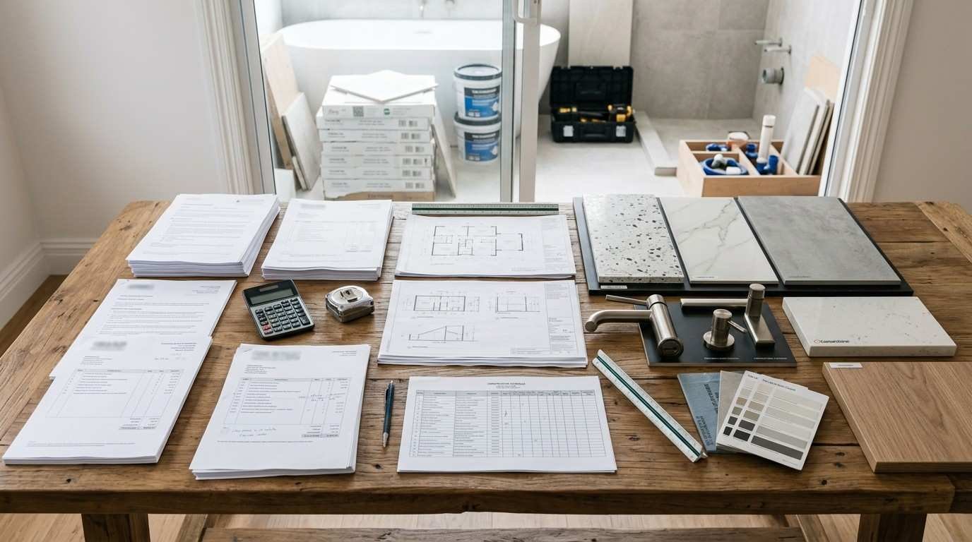 Sydney bathroom renovation planning workspace with contractor quotes, compliance documents, material samples, and renovation plans prepared before construction begins.