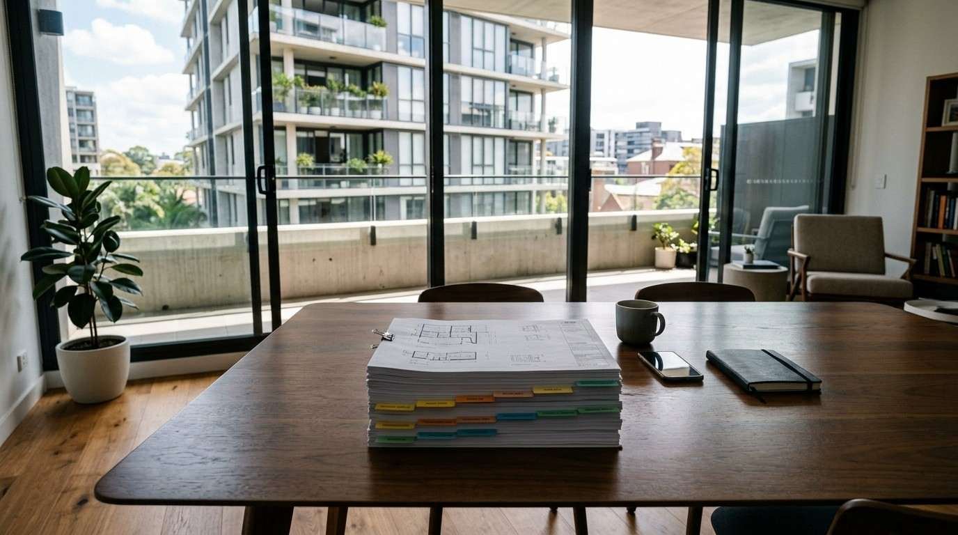 Complete strata renovation approval documents prepared for owners corporation review in a Sydney apartment building.