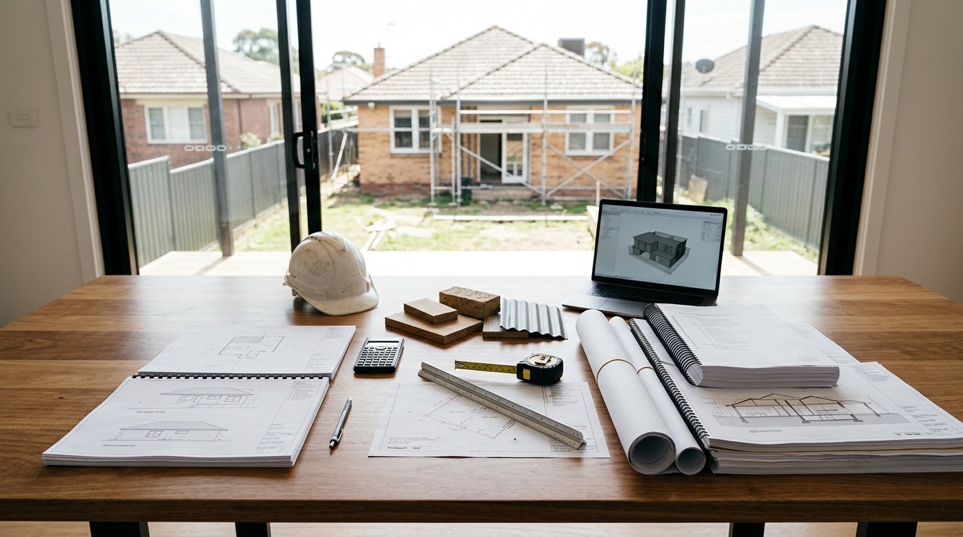 Australian residential planning workspace comparing streamlined and comprehensive building approval pathways for a home renovation.