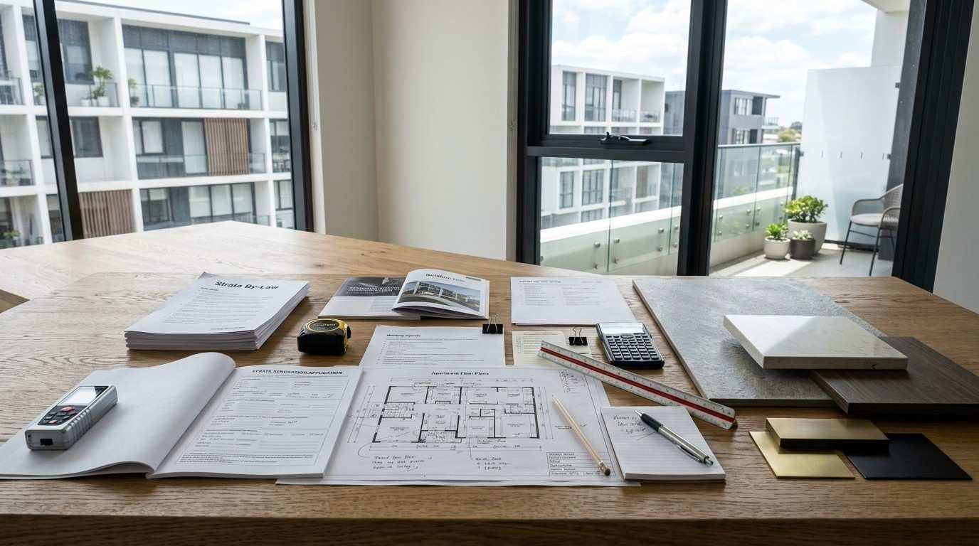 Sydney apartment renovation planning workspace with strata by-law documents, floor plans, and renovation paperwork prepared before applying for strata approval.