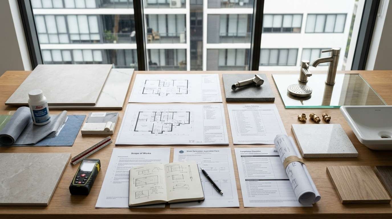Sydney apartment bathroom renovation planning workspace with waterproofing specifications, fixture schedules, renovation plans, and premium material samples illustrating how to define a compliant strata bathroom renovation scope.
