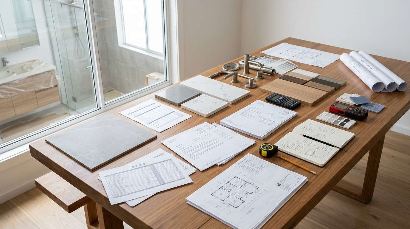 Sydney ensuite renovation budgeting workspace with project plans, contractor quotes, cost documents, and premium material samples illustrating realistic renovation budget planning before construction.