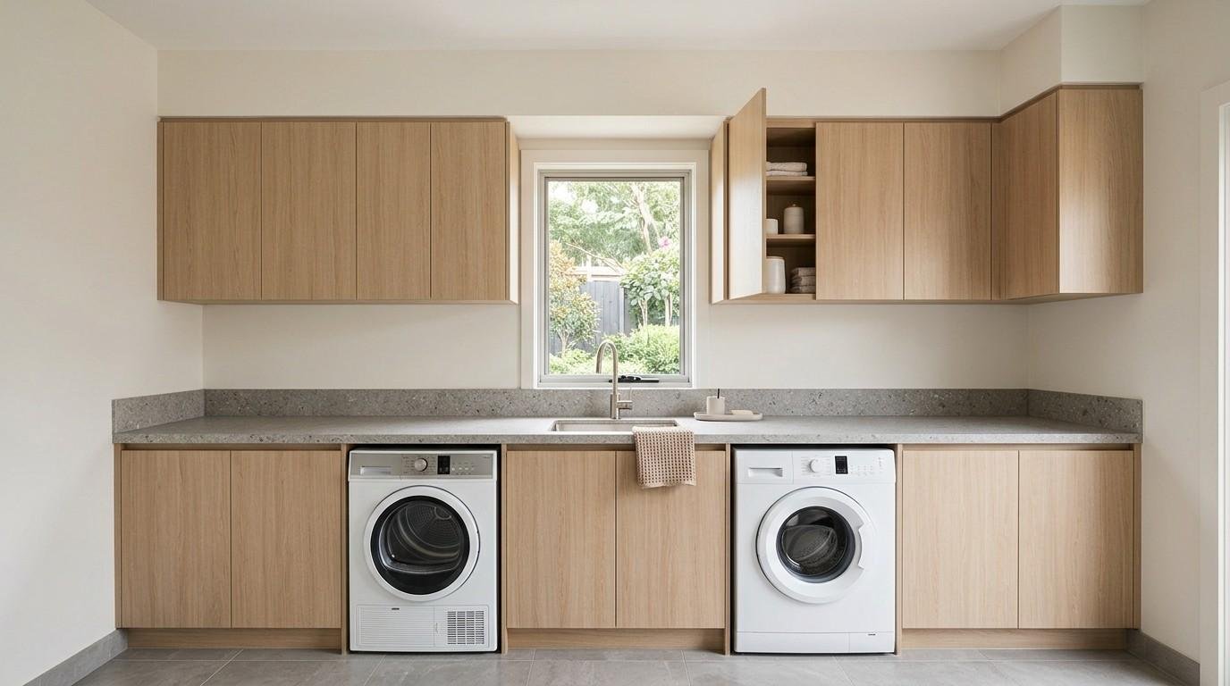 Australian laundry with correctly sized overhead cabinets, ergonomic installation height, and seamless custom-style wall layout.