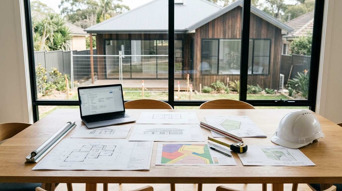 Sydney home renovation planning workspace showing architectural drawings and approval documents before choosing the correct development approval pathway.