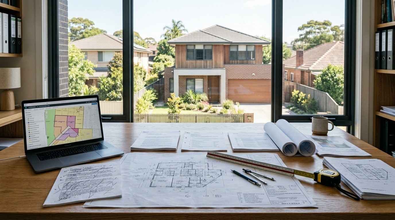 Sydney residential planning workspace with site plans and property analysis used to assess local planning controls before renovation.
