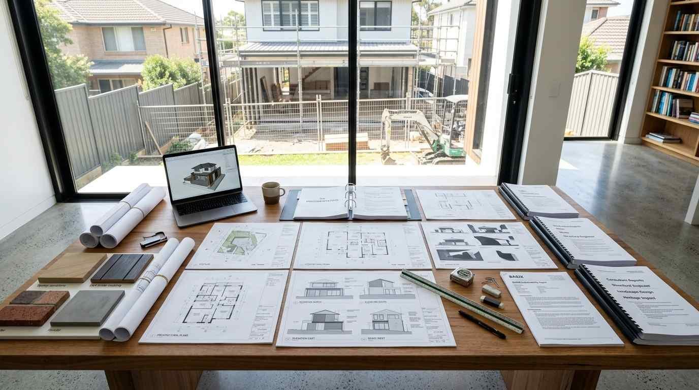 Sydney development application documents including architectural plans and supporting reports prepared for a residential renovation approval.