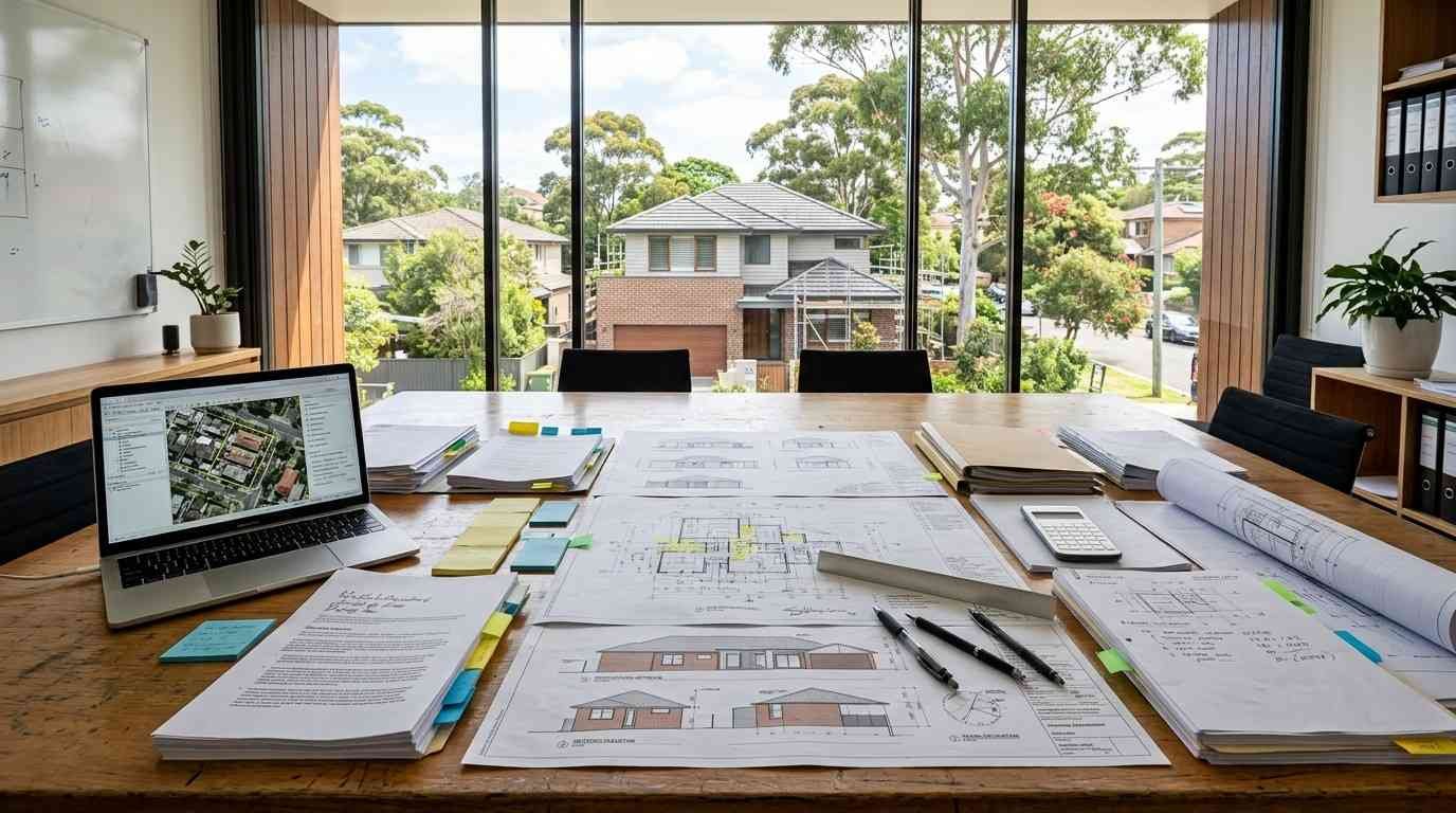 Sydney development application assessment workspace with architectural plans and planning documents prepared for council review.