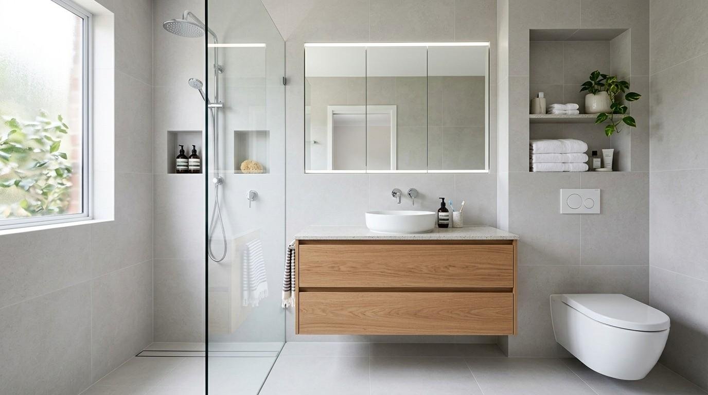 Compact Sydney ensuite featuring recessed shower niches, a flush mirrored cabinet, floating vanity drawers, and built-in wall shelving that maximise storage while keeping the space uncluttered.