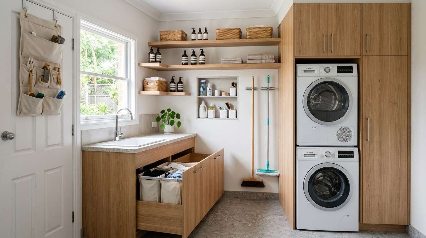 Compact Australian laundry with ceiling-height cabinets, pull-out drawers, recessed storage niches, and smart space-saving solutions.