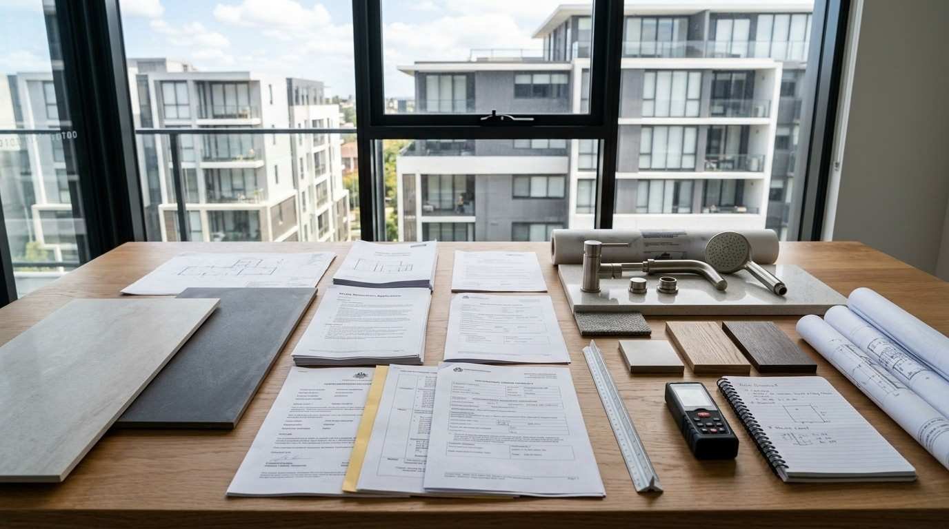 Sydney apartment bathroom renovation planning workspace with strata approval documents, by-law paperwork, waterproofing specifications, contractor licences, and renovation plans prepared before construction begins.