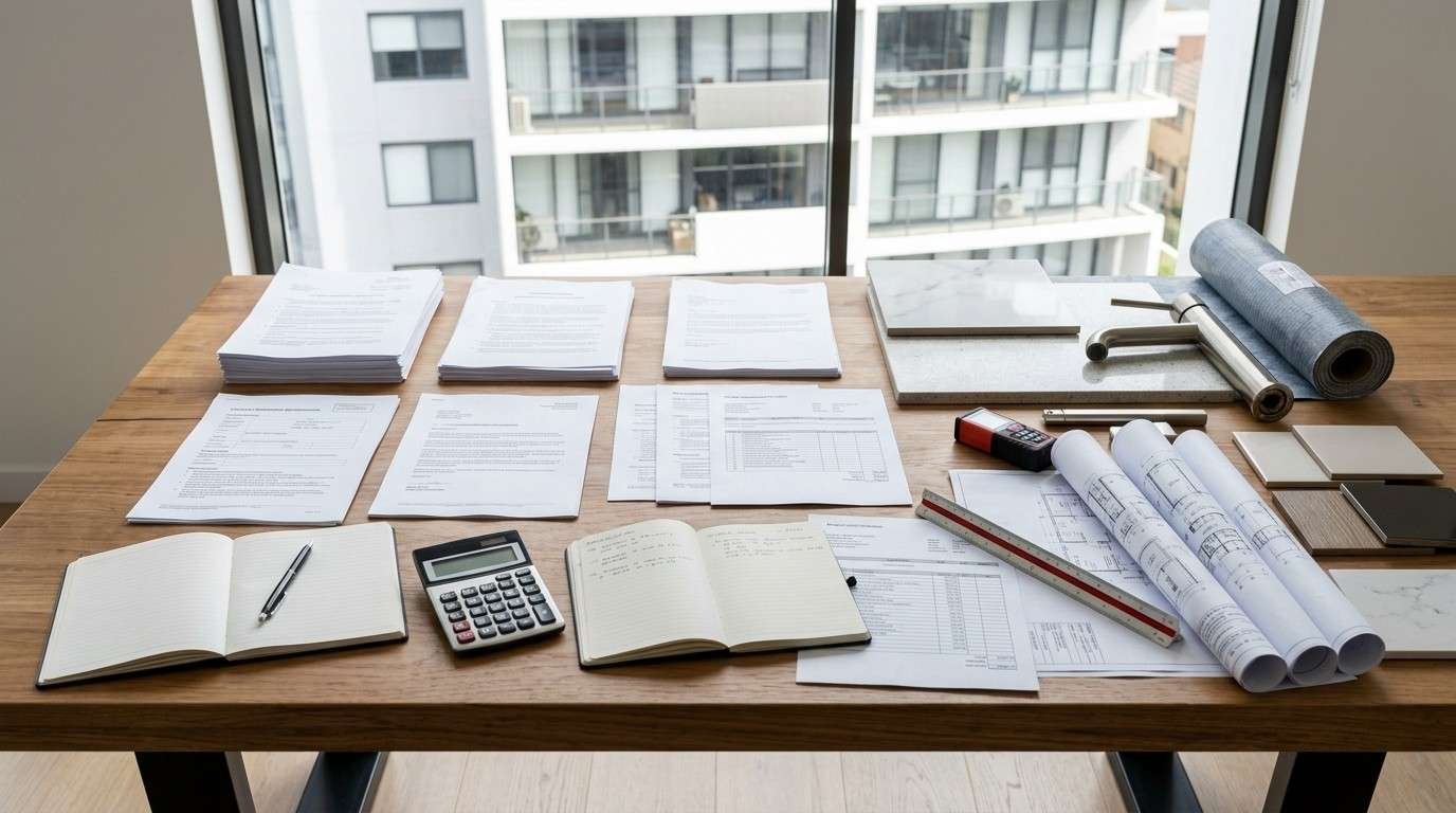 Sydney strata renovation budgeting workspace with legal documents, by-law paperwork, approval forms, project budgets, and renovation plans illustrating administrative and strata approval costs before construction.
