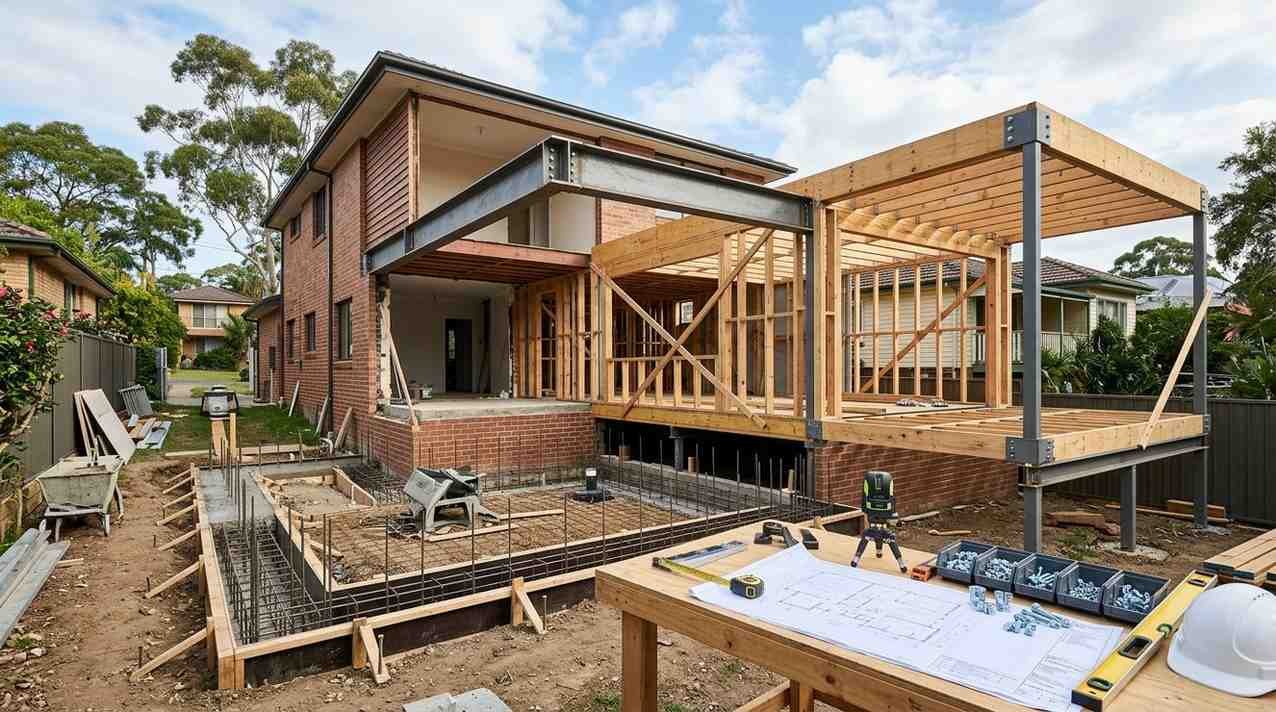 Sydney residential construction showing structural beam installation, extension framing, footings, and elevated deck structure requiring engineering design.