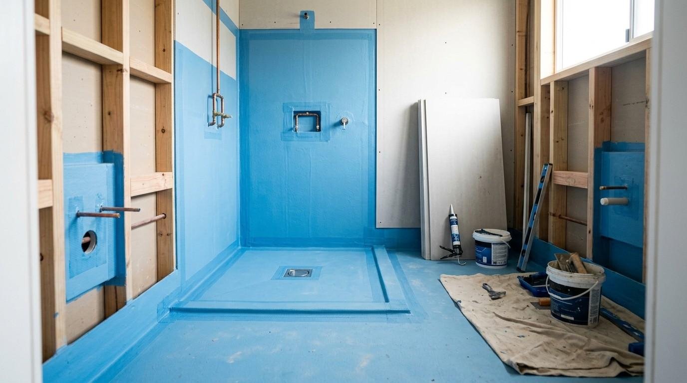 Sydney bathroom renovation showing repaired framing, waterproof membrane, and prepared wall and floor substrates before tiling and fixture installation.