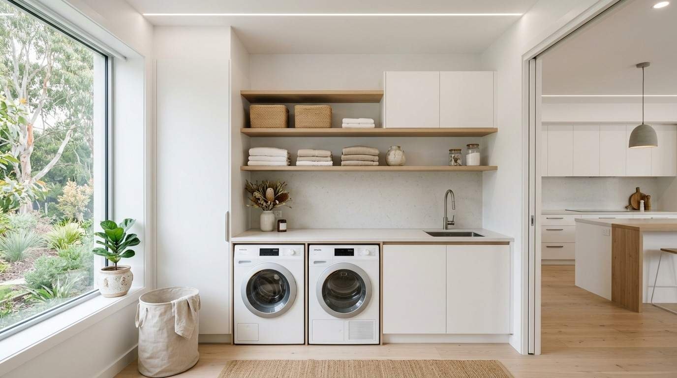 Contemporary Australian laundry with coordinated cabinetry, premium finishes, and integrated storage matching the home's interior design.