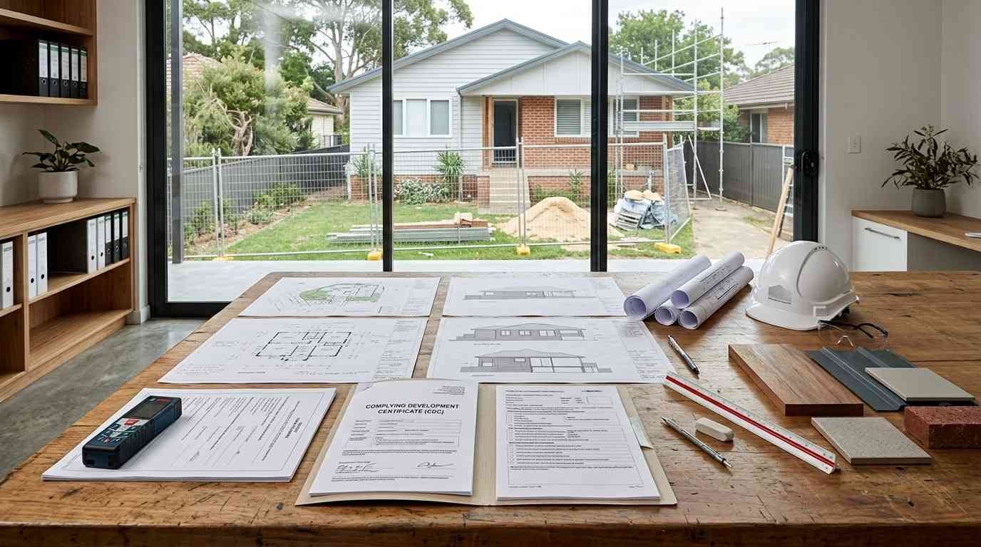 Sydney CDC approval planning workspace with architectural plans, certification documents, and renovation drawings prepared before construction begins.