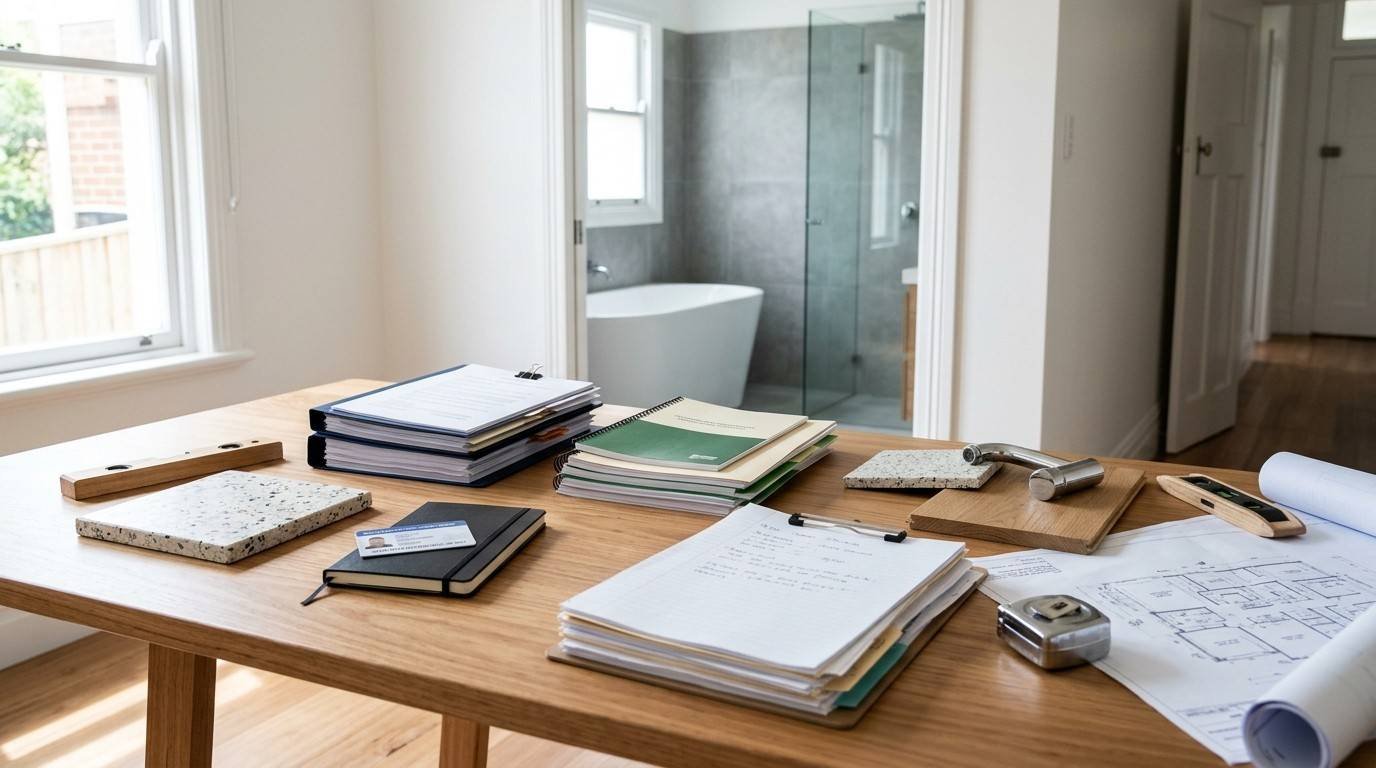 Sydney renovation contract and warranty documents organised alongside compliance certificates and a completed bathroom, illustrating multiple layers of homeowner protection.