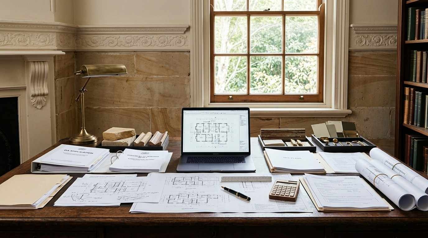 Heritage renovation permit documents and architectural plans prepared inside a Sydney Victorian heritage home before DA submission.