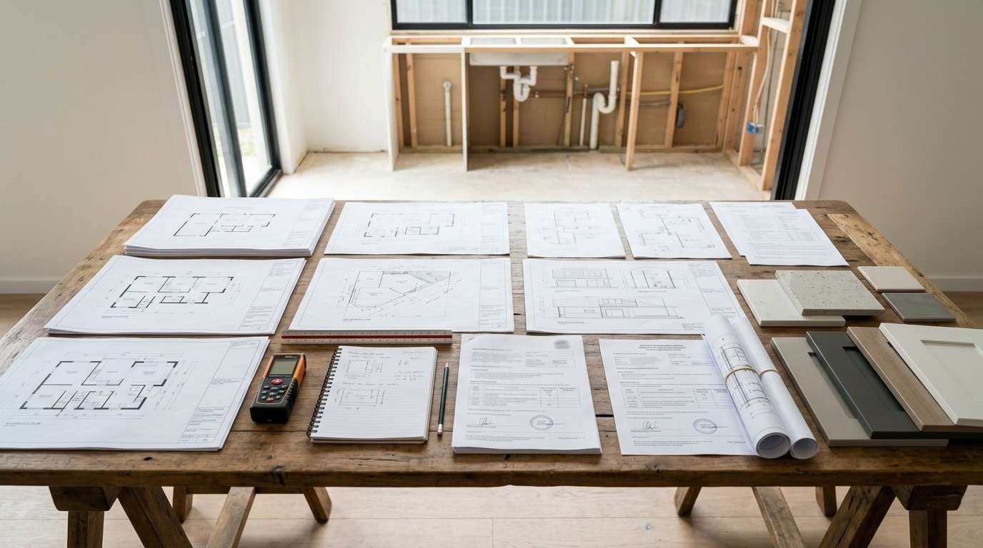 Sydney kitchen renovation permit application with architectural plans, engineering drawings, and approval documents organised for review before construction begins.