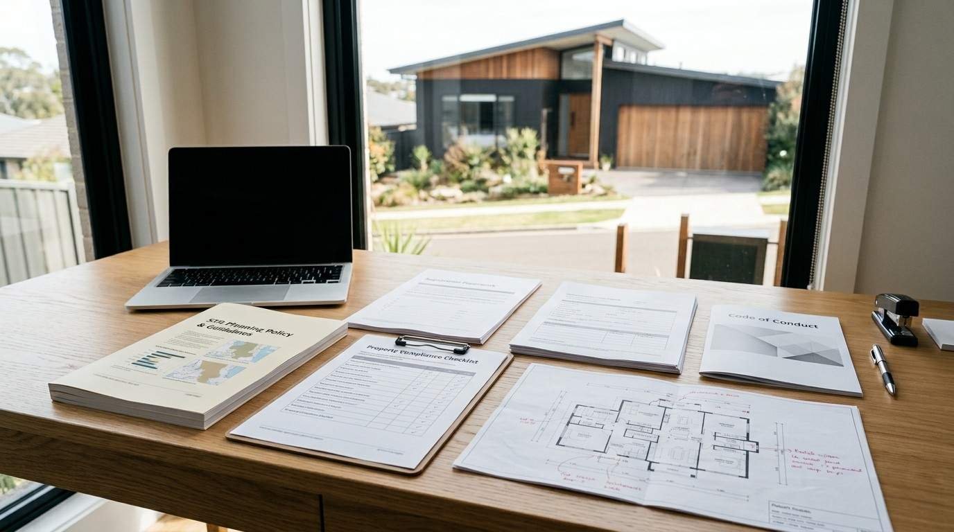 Home office with organised compliance documents for managing a legal short-term rental property in New South Wales.