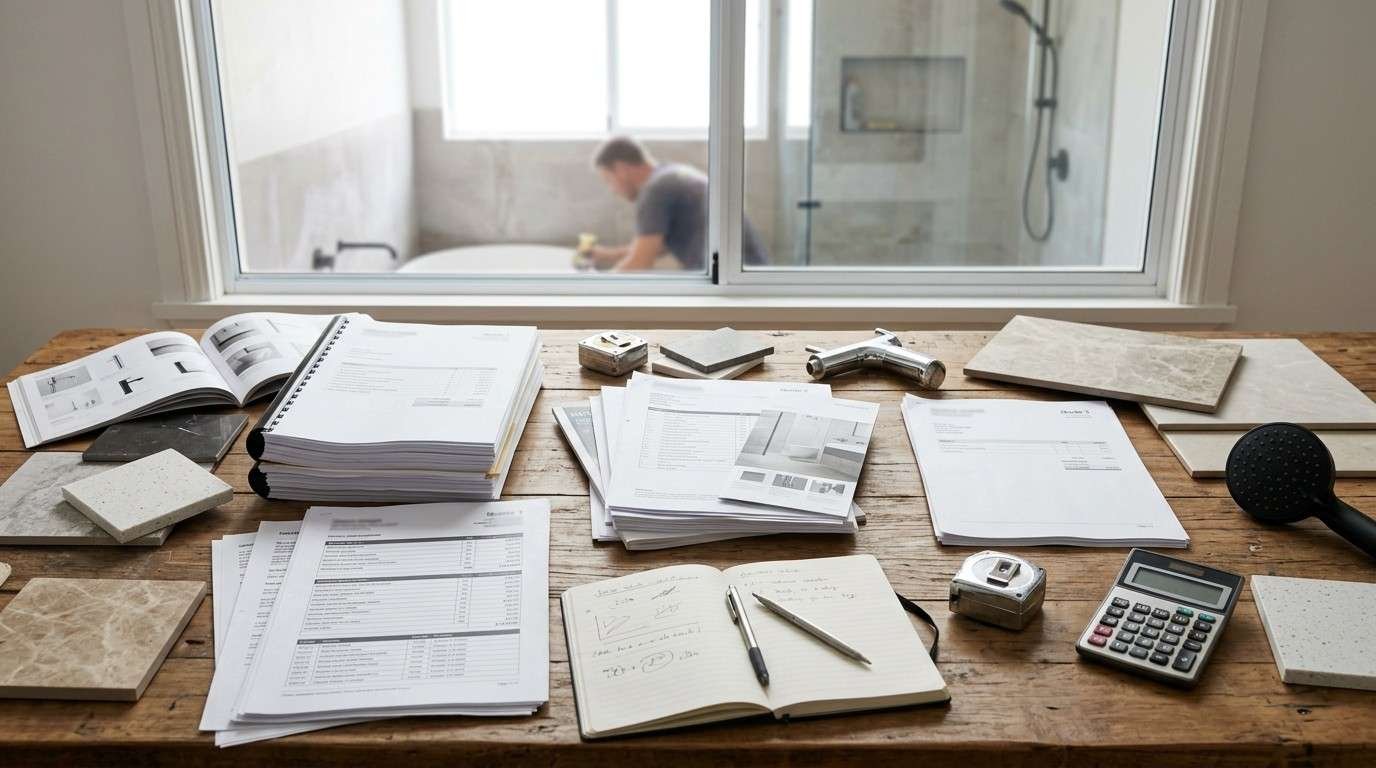 Sydney bathroom renovation quote comparison with cost breakdowns, material samples, and contractor documents illustrating how to assess scope, allowances, and financial risk.