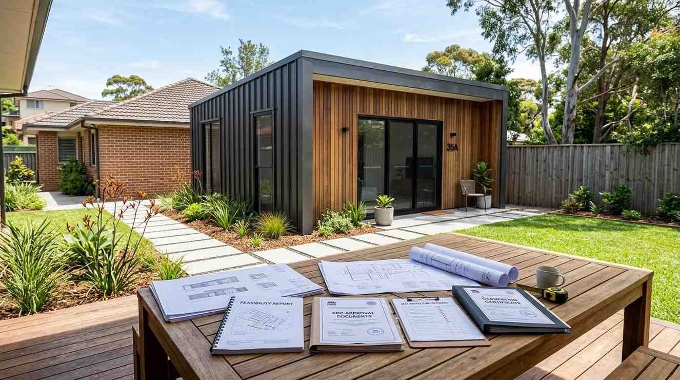 Completed Sydney granny flat with planning documents representing the secondary dwelling build process from approval to handover.
