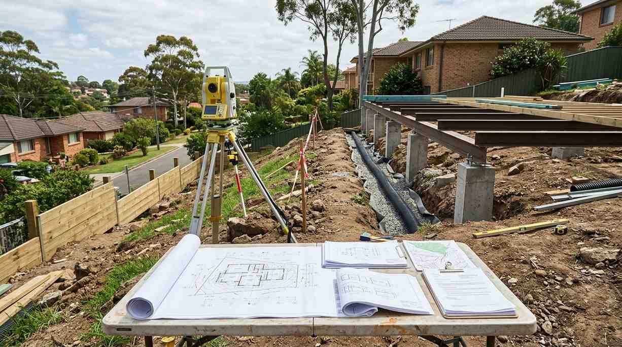 Survey plans and engineered foundations on a Sydney sloping block before granny flat construction begins.