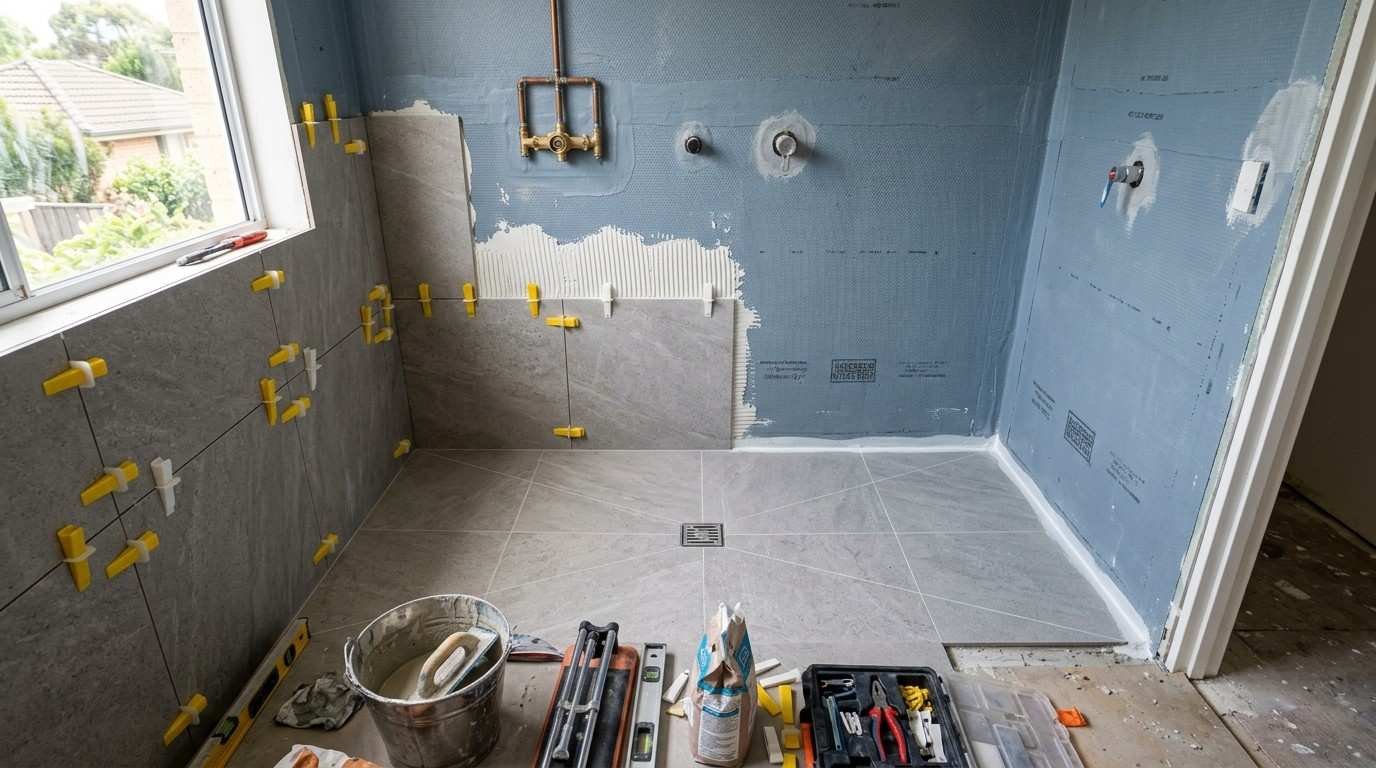 Sydney bathroom renovation with professionally installed floor and wall tiles after waterproofing approval, showing precise tile alignment, grout, and drainage falls before fixture installation.