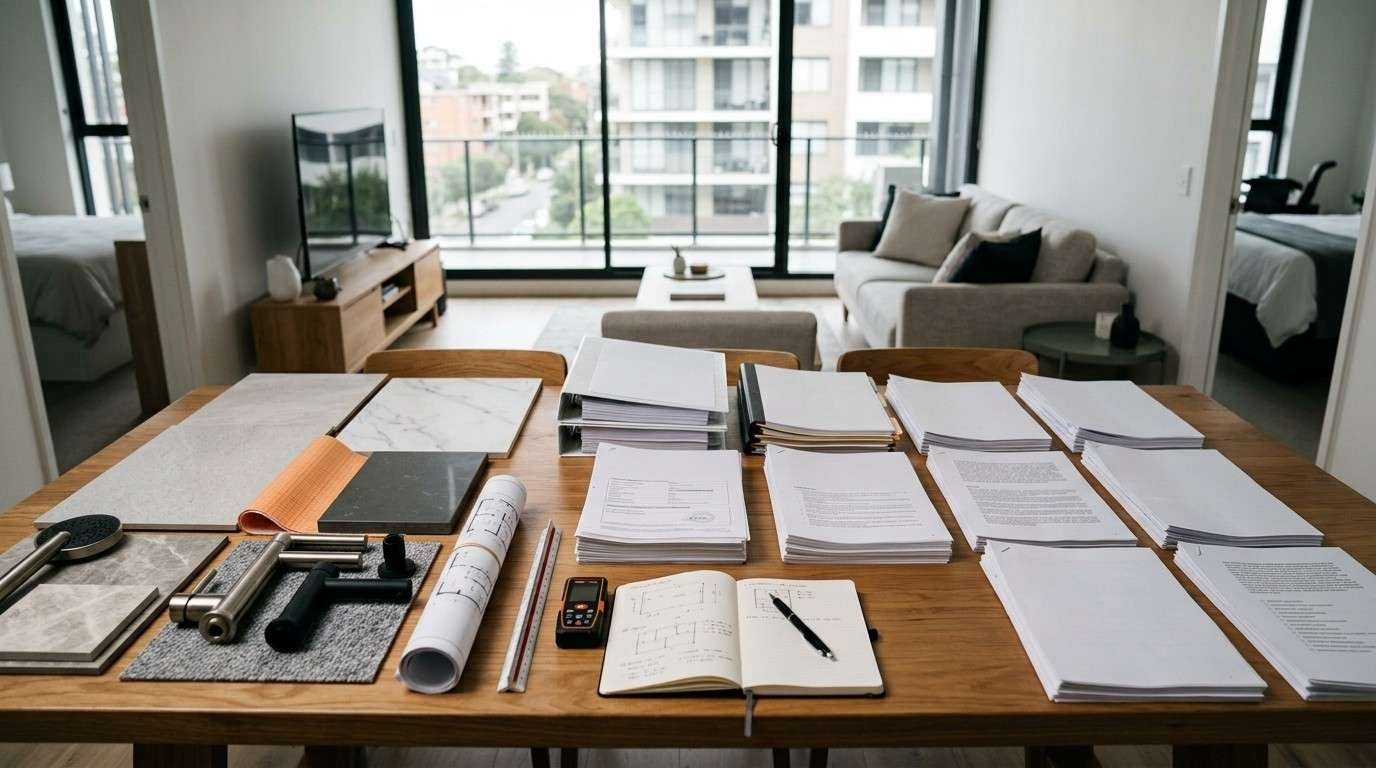Sydney strata bathroom renovation planning workspace with complete approval documents, contractor licences, insurance paperwork, waterproofing specifications, and material samples prepared for a successful approval application.