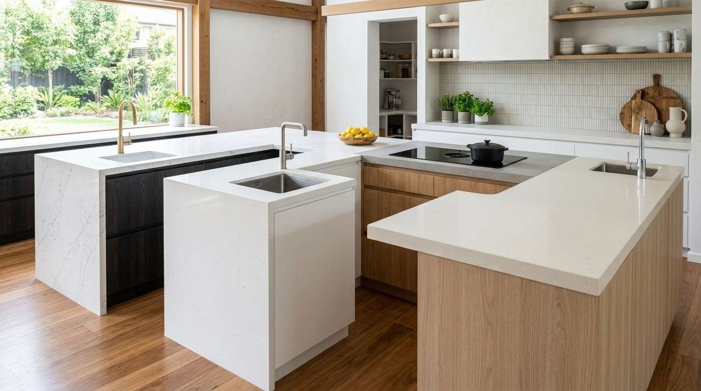 Contemporary Australian kitchen displaying four engineered stone benchtop styles, illustrating premium, mid-range, and budget renovation options through different finishes and colours.