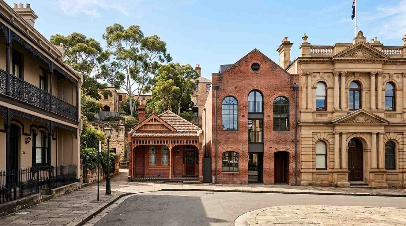 Comparison of heritage-listed property styles across Sydney, featuring Victorian terrace houses, a Federation cottage, a converted industrial warehouse, and a historic sandstone civic building, illustrating the diverse architectural heritage and adaptive reuse of Sydney's protected buildings.