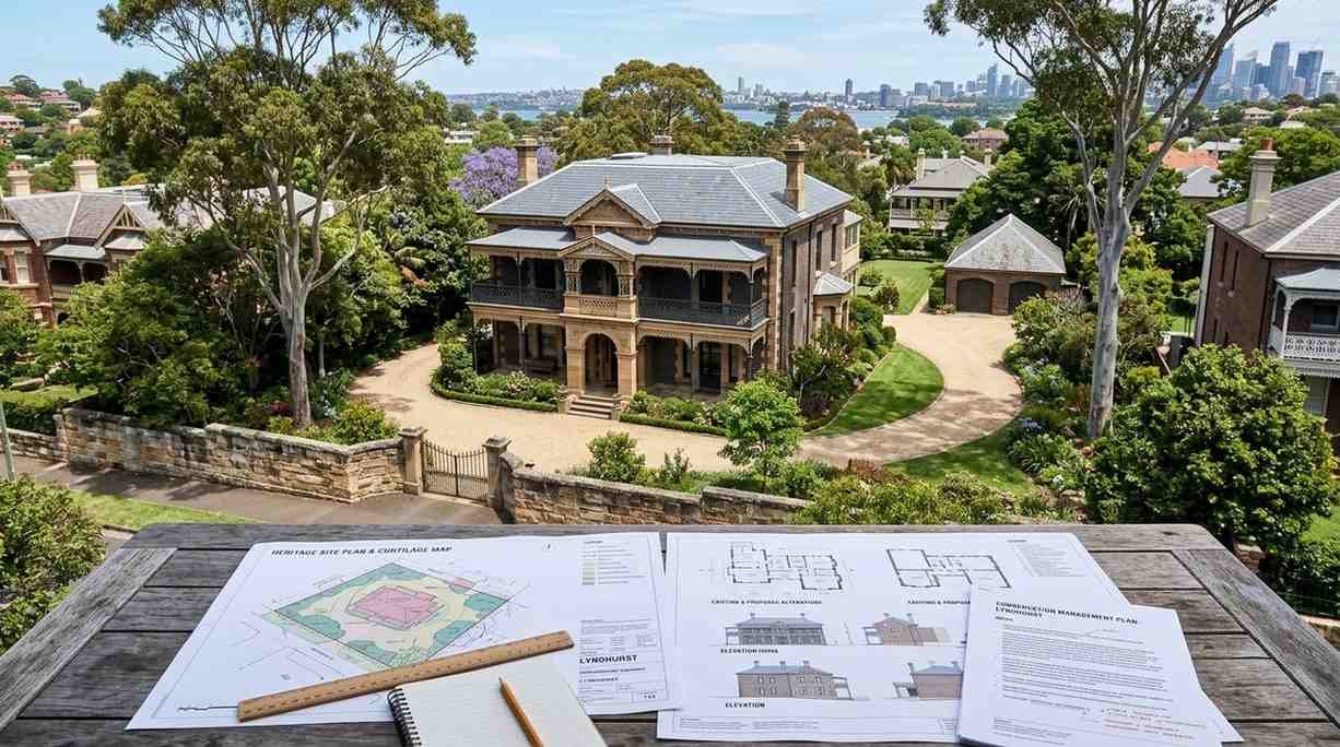 Sydney heritage property showing its protected building, surrounding curtilage, and renovation planning documents.