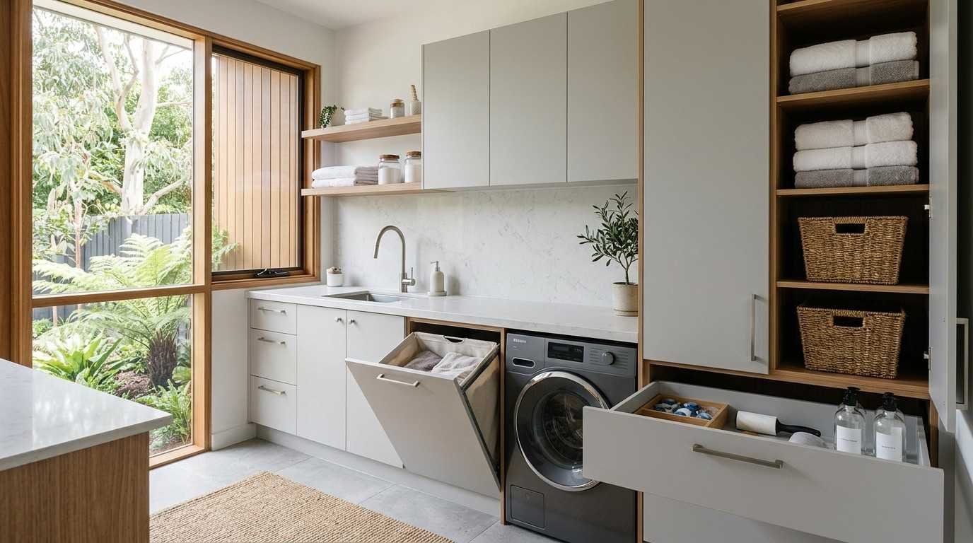 Modern Australian laundry featuring wall-mounted, base, floor-to-ceiling, linen, and hamper cabinets with selective open shelving.
