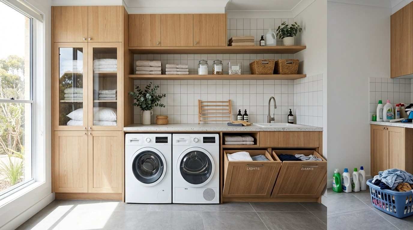 Modern Australian laundry featuring wall-mounted, base, pantry, and recessed cabinets designed for efficient everyday storage.
