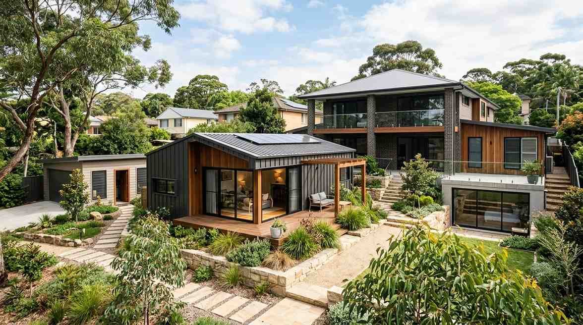 Modern Sydney home featuring a detached granny flat with examples of attached, garage conversion, and lower-ground secondary dwelling designs.