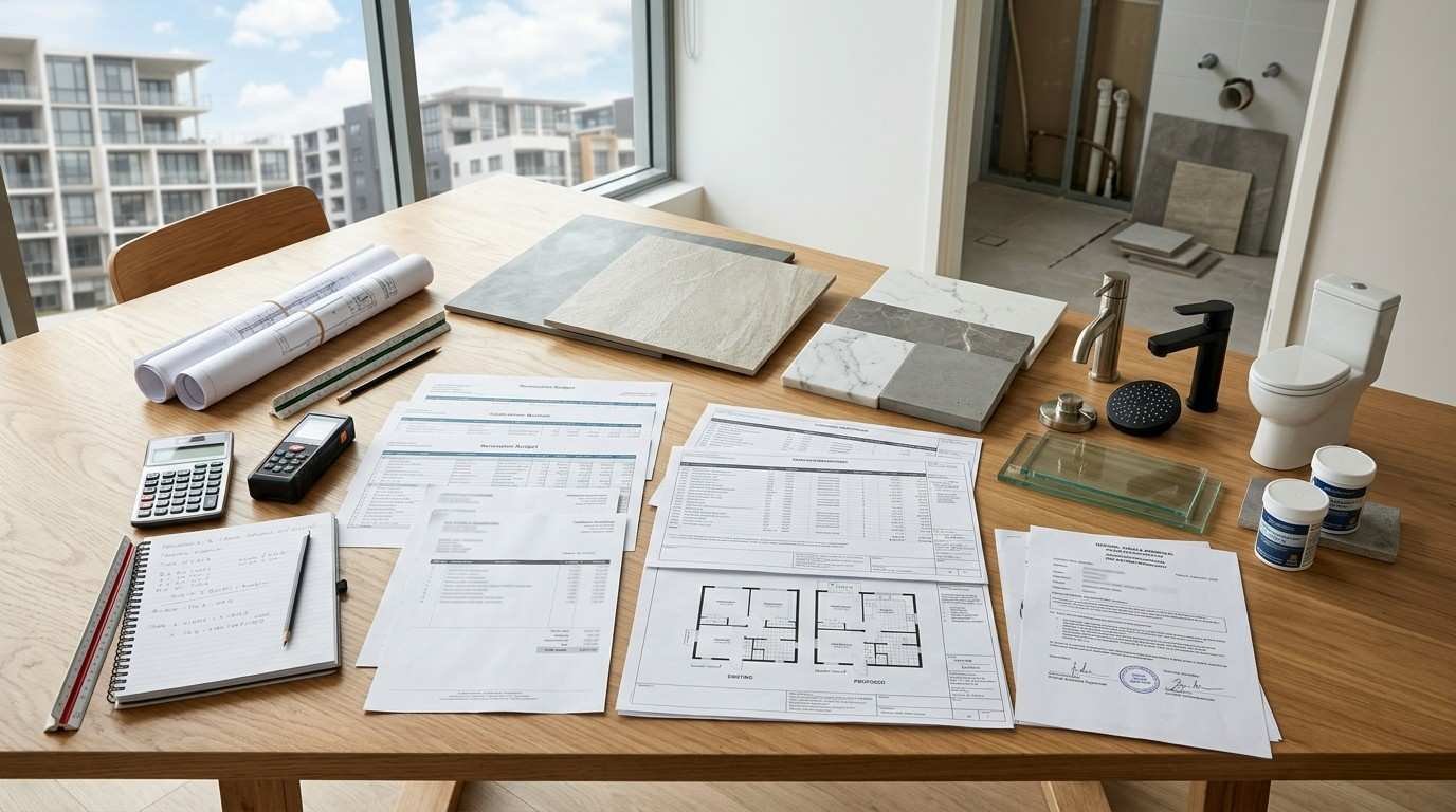 Sydney strata bathroom renovation budgeting workspace with contractor quotes, renovation cost documents, fixture samples, and project plans illustrating labour, material, and fitting costs before construction.