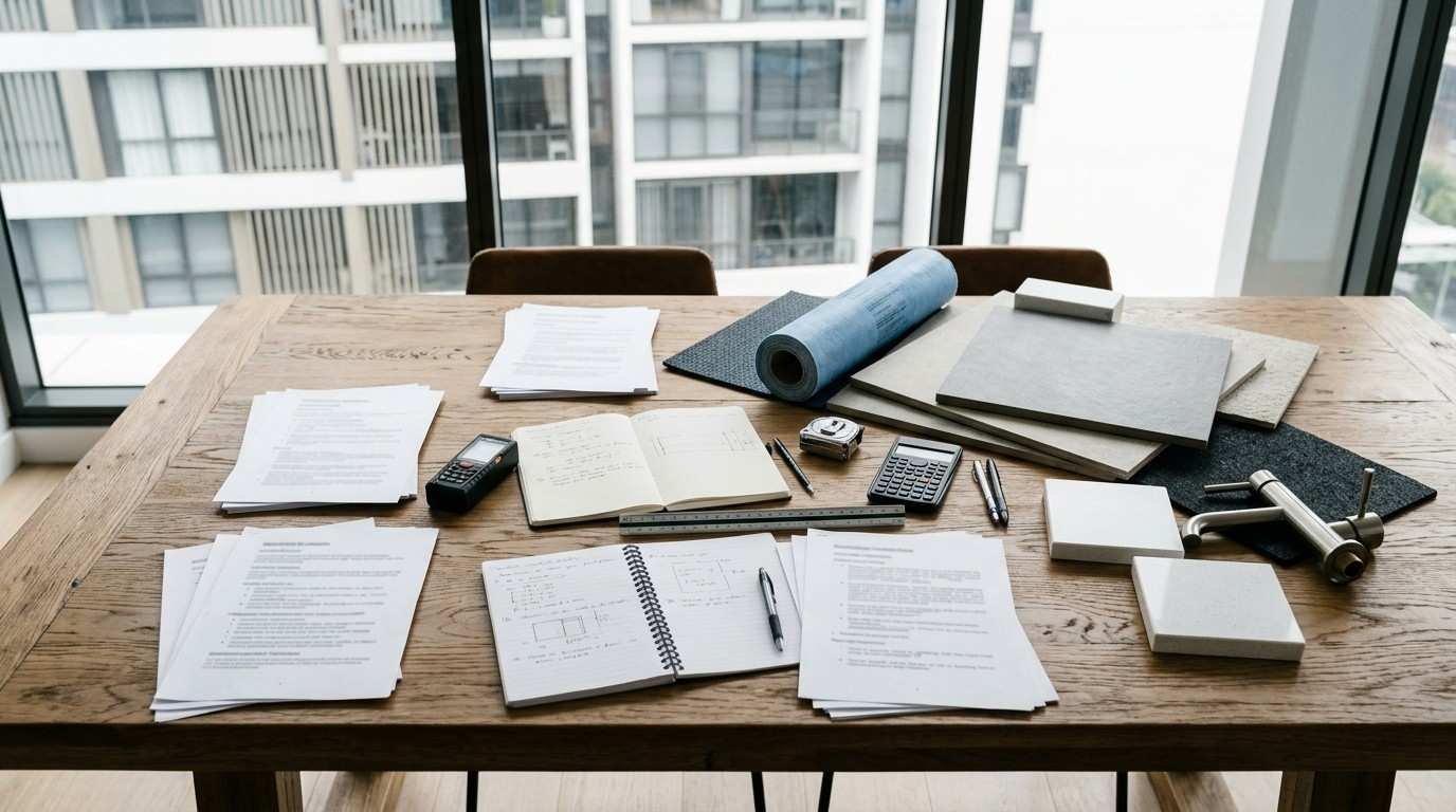 Sydney apartment renovation planning workspace with strata by-laws, bathroom renovation documents, waterproofing specifications, and material samples prepared before seeking strata approval.