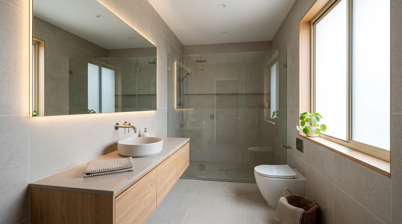 Compact Sydney ensuite with continuous large-format tiles, a wall-to-wall backlit mirror, floating vanity, frameless shower, and light neutral finishes that create the illusion of a larger bathroom.