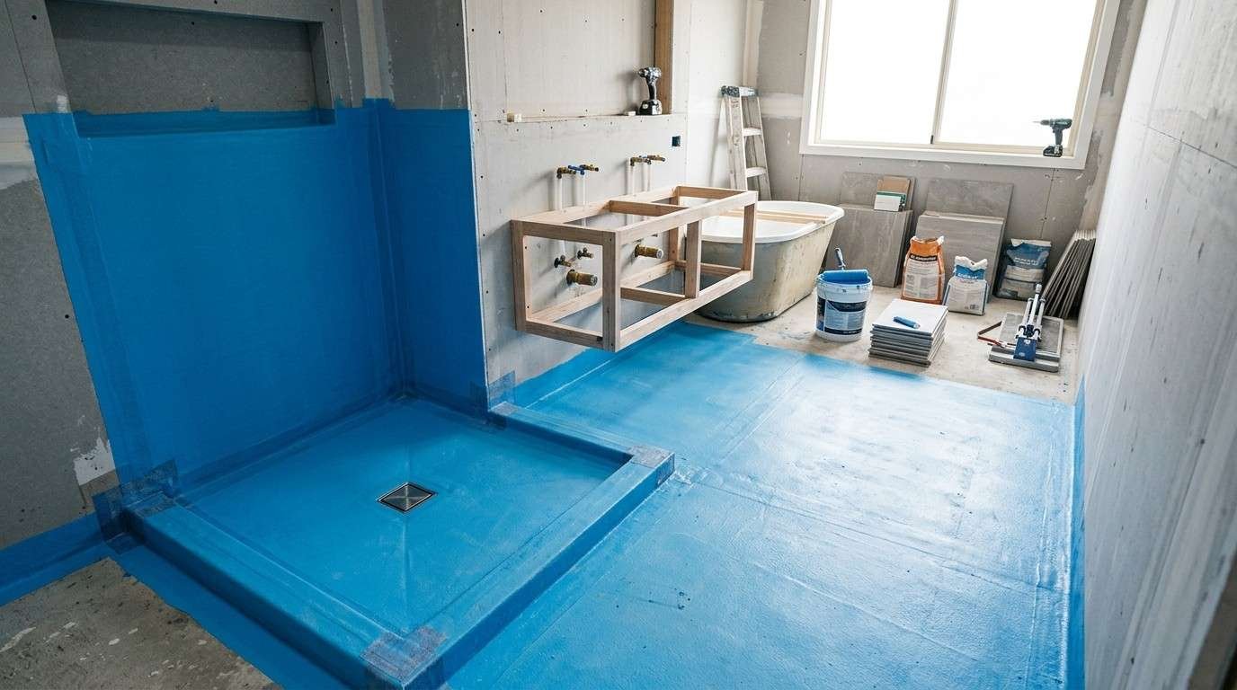 Sydney bathroom showing waterproof membrane applied to a shower recess and the full bathroom floor before tiling, illustrating different waterproofing coverage areas.