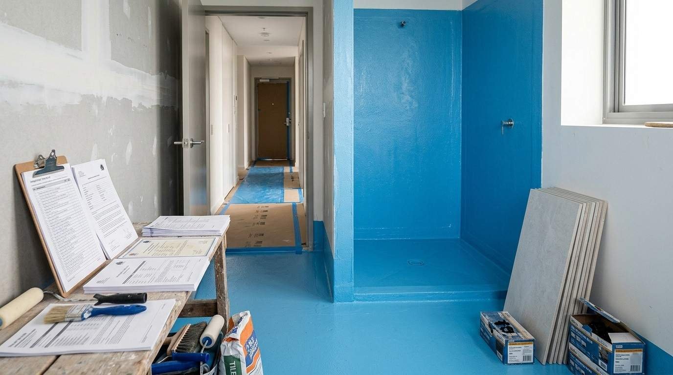 Sydney apartment bathroom with waterproofing membrane applied before tiling, inspection documents, and organised renovation materials illustrating compliant strata waterproofing standards.