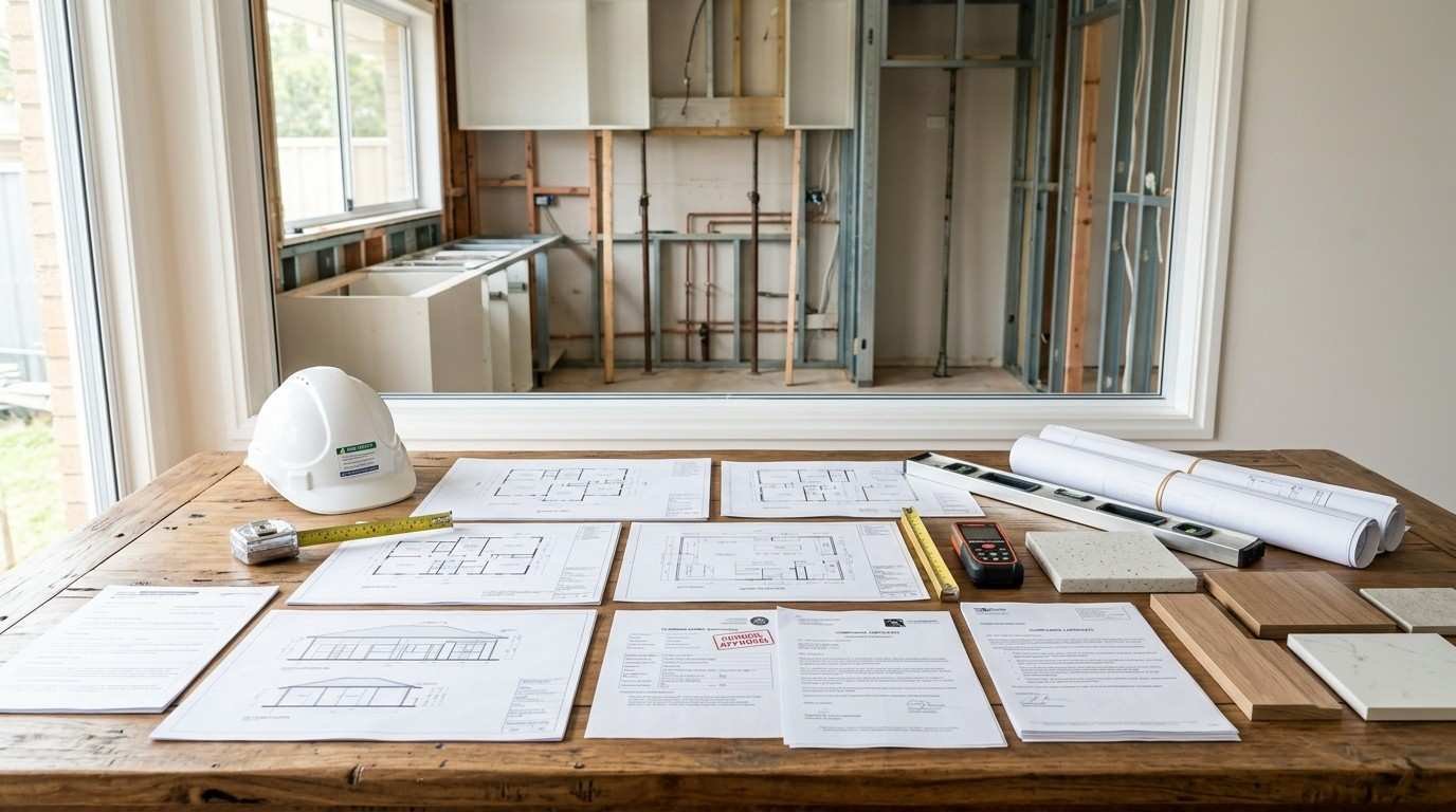 Sydney kitchen renovation planning with permit documents, engineering drawings, and exposed structural, plumbing, and electrical work illustrating the approvals required before construction.