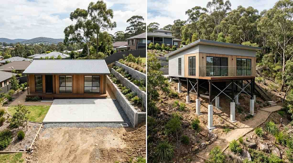 Comparison of cut and fill and pier foundation methods for modern granny flats on Sydney sloping blocks.