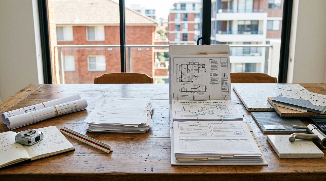 Sydney strata renovation planning workspace comparing incomplete and fully prepared approval documents, illustrating how complete compliance paperwork helps avoid approval delays.