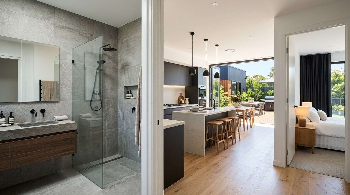 Luxury Airbnb renovation highlighting a premium bathroom, modern kitchen, outdoor entertaining area, and comfortable bedroom for maximum rental ROI.