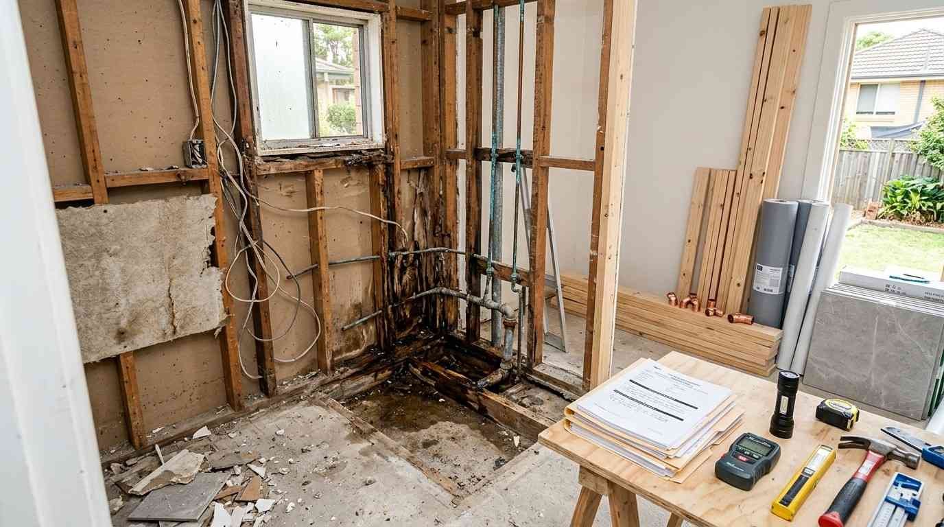 Stripped Sydney ensuite revealing hidden structural damage, outdated plumbing, and renovation inspection tools before rebuilding, illustrating common causes of budget overruns.