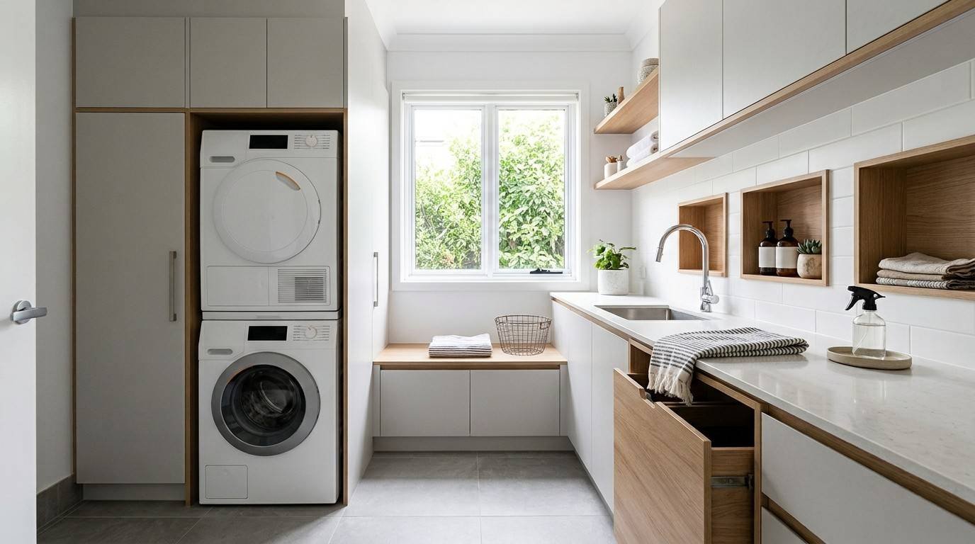 Compact Australian laundry with stacked appliances, ceiling-height storage, and a smart space-saving layout for maximum functionality.