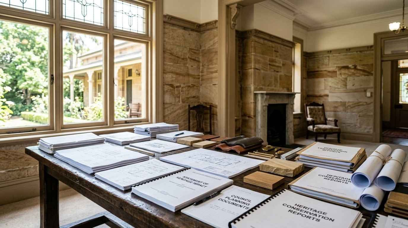 Heritage planning documents and architectural drawings prepared for council approval inside a Sydney heritage home.