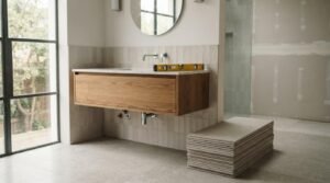 Modern bathroom renovation with floating timber vanity, porcelain floor tiles, spirit level, and stacked tile installation materials for residential bathroom remodeling